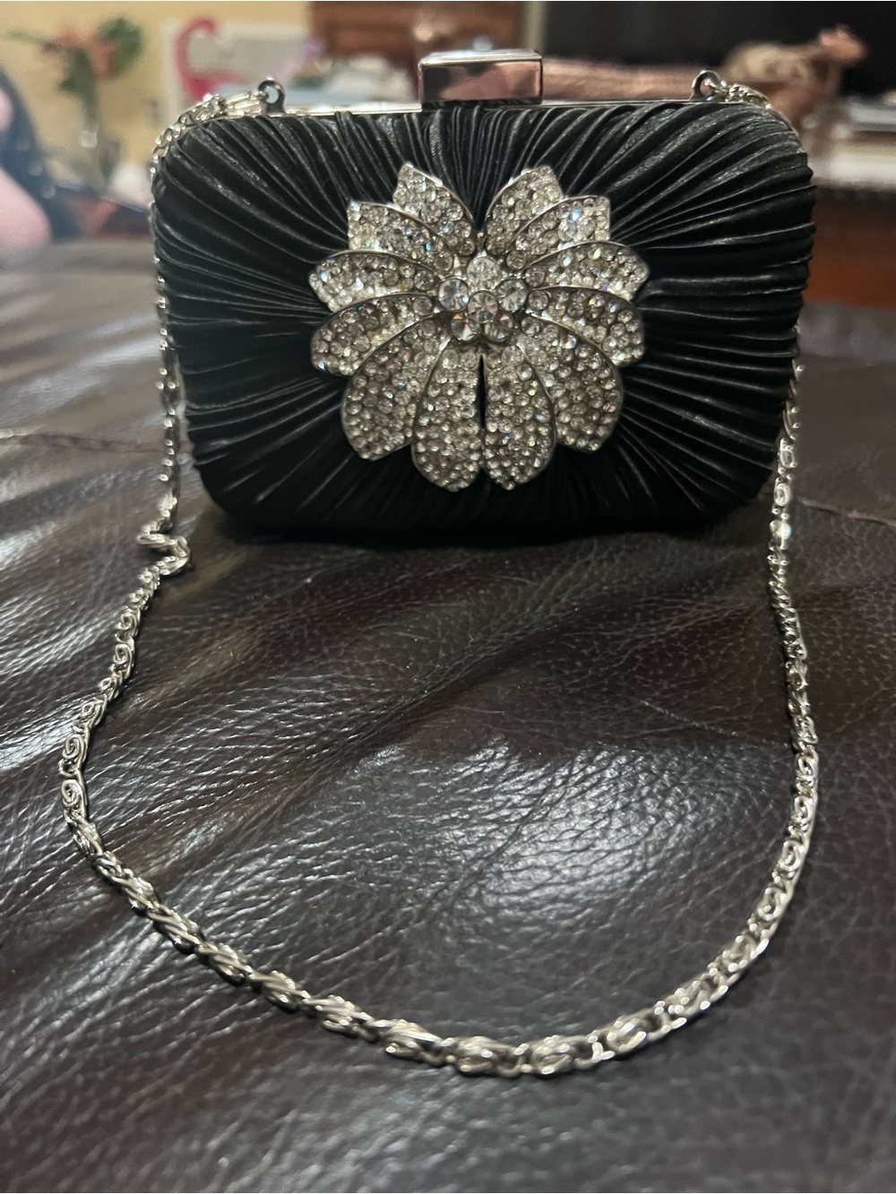 Vintage Jessica McClintock Black Crystal Floral Evening Clutch with Chain
